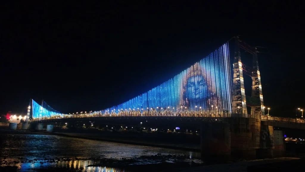 Rishikesh suspension bridge at night with Lord Shiva illumination